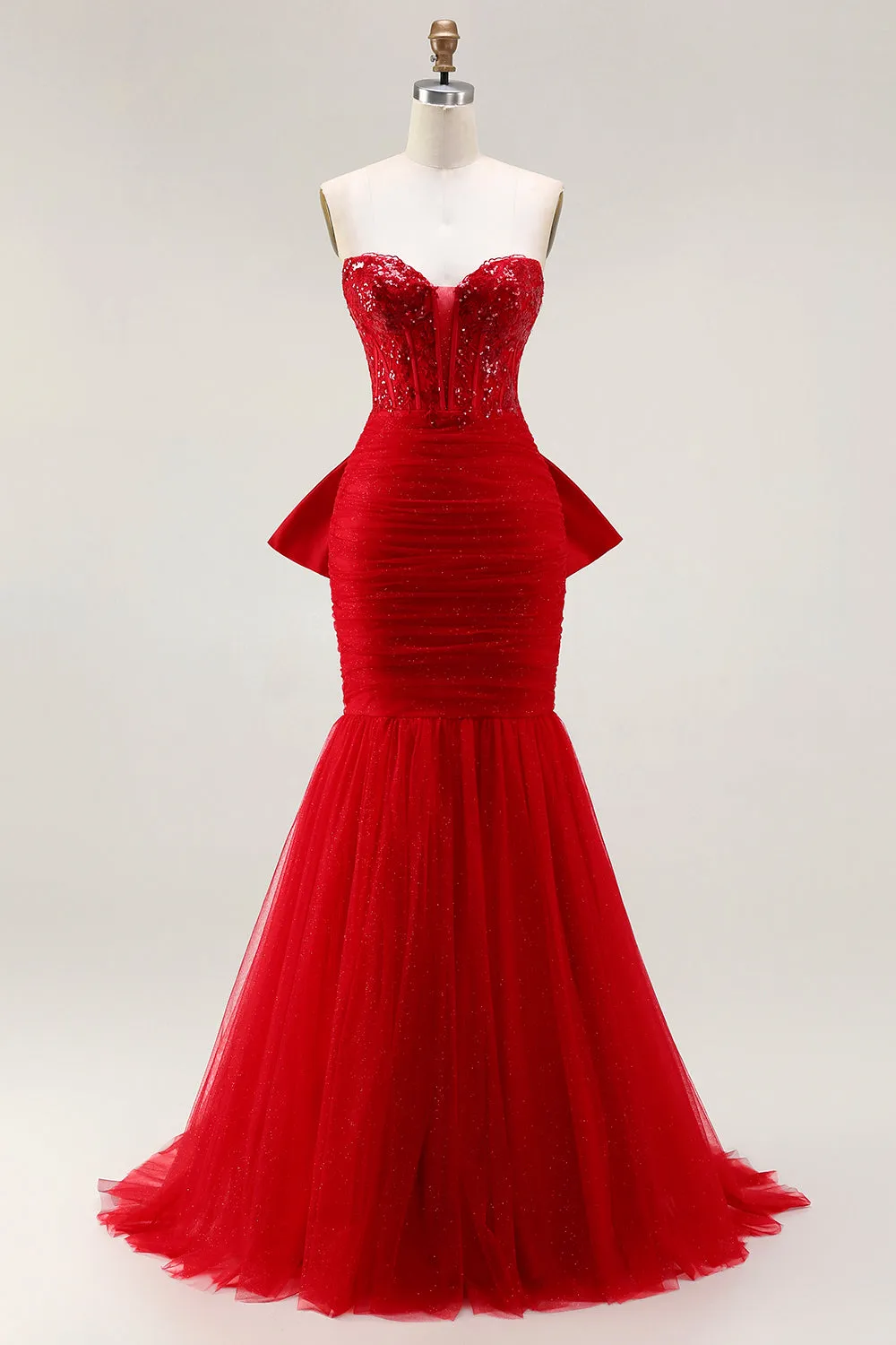 Glitter Red Sweetheart Mermaid Corset Sequins Ruched Long Prom Dress with Large Bow sold by Wedtrend