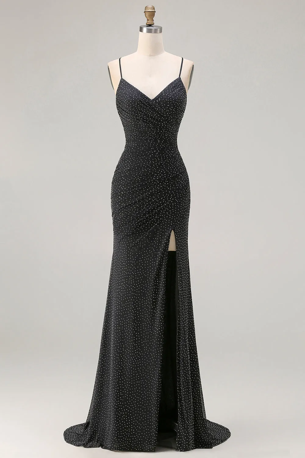 Black Mermaid Beaded Tie Back Ruched Long Prom Dress with Slit sold by Wedtrend