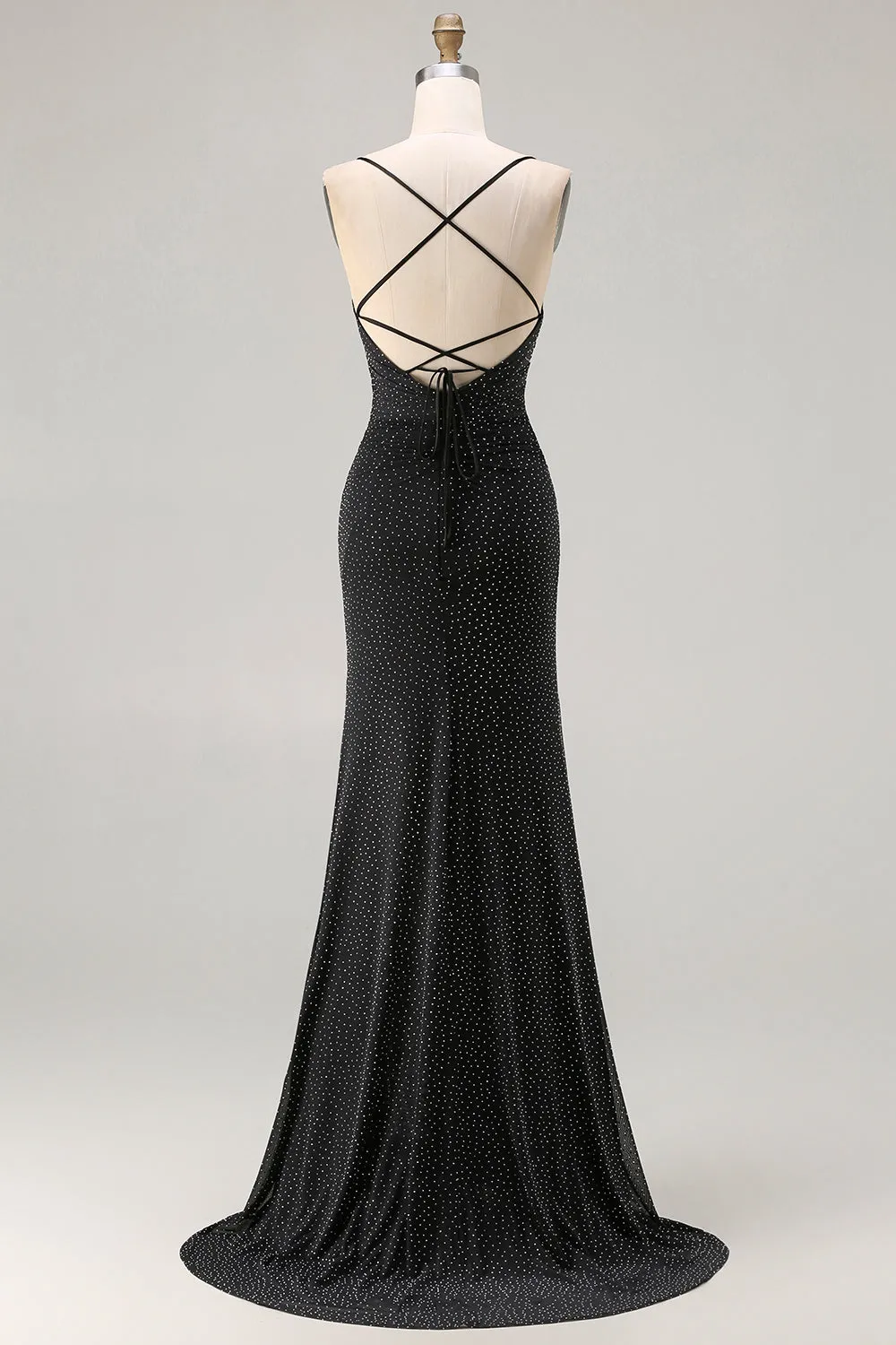 Black Mermaid Beaded Tie Back Ruched Long Prom Dress with Slit sold by Wedtrend product image thumbnail 2