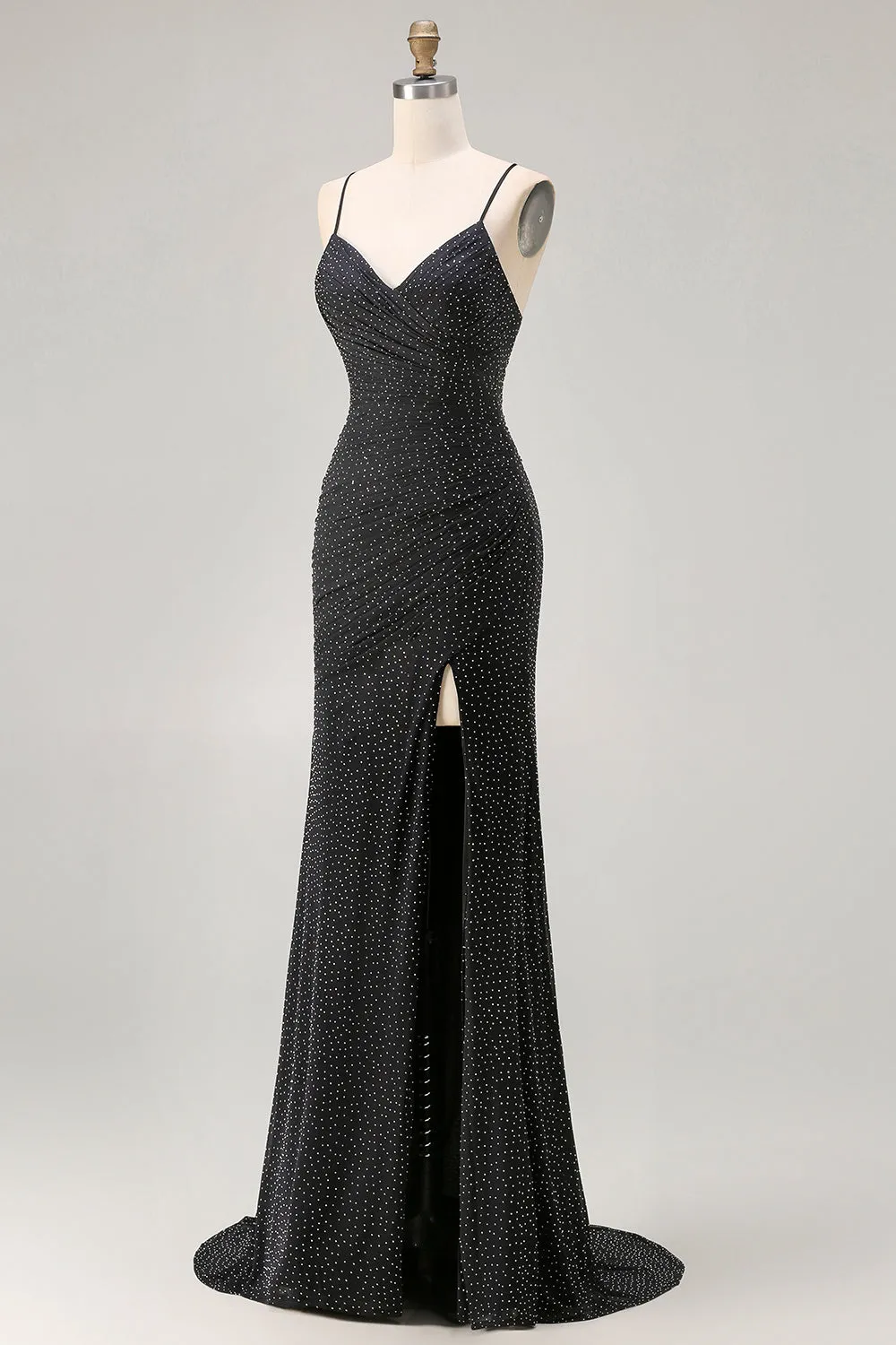 Black Mermaid Beaded Tie Back Ruched Long Prom Dress with Slit sold by Wedtrend product image thumbnail 3