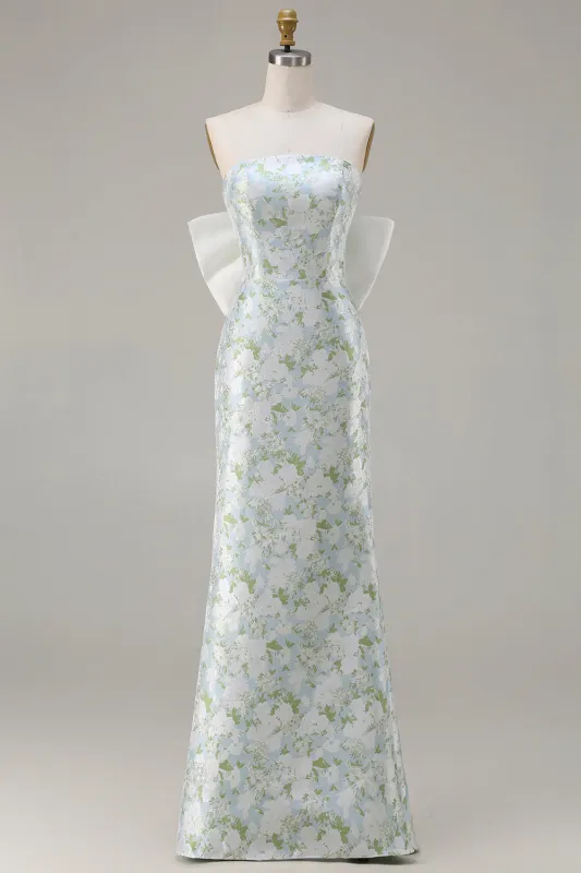 Blue White Flower Strapless Sheath Satin Long Bridesmaid Dress with Back Bow sold by Wedtrend