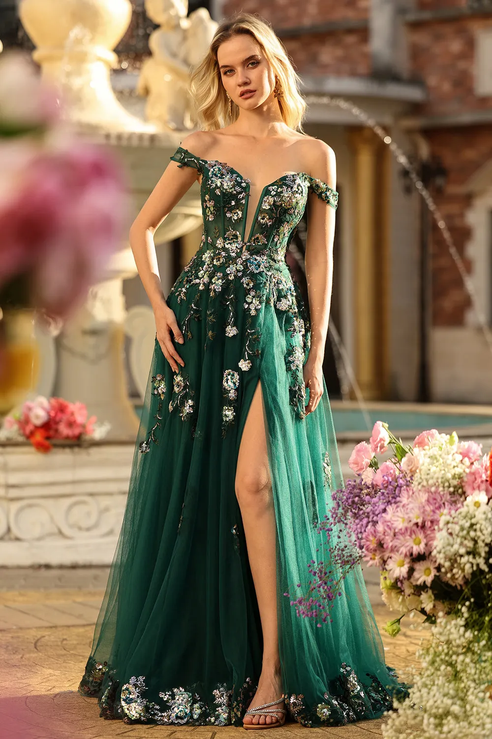 Dark Green Floral A-Line Off The Shoulder Corset Sequins Long Prom Dress with Slit sold by Wedtrend product image thumbnail 5