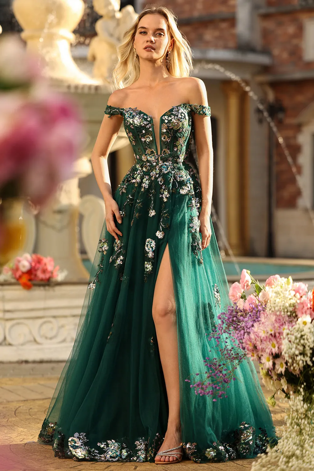 Dark Green Floral A-Line Off The Shoulder Corset Sequins Long Prom Dress with Slit sold by Wedtrend product image thumbnail 4