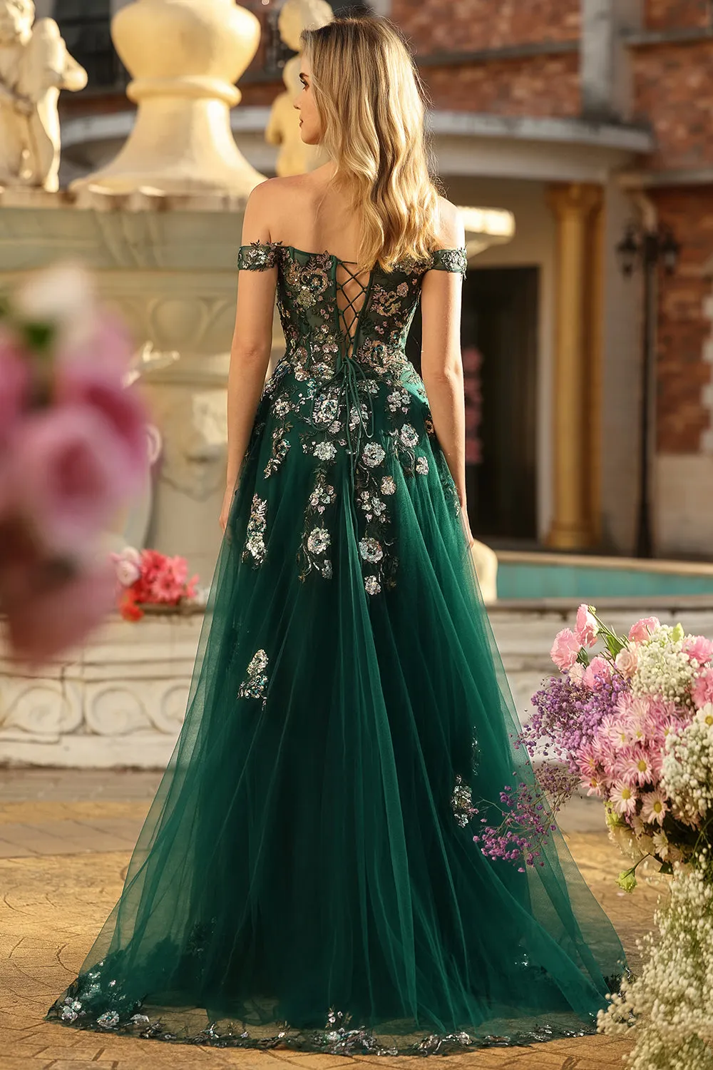 Dark Green Floral A-Line Off The Shoulder Corset Sequins Long Prom Dress with Slit sold by Wedtrend product image thumbnail 2