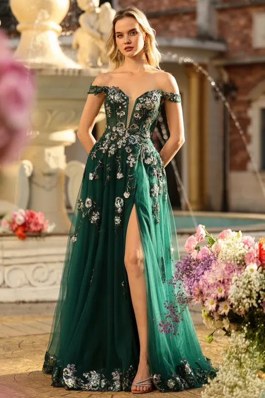 Dark Green Floral A-Line Off The Shoulder Corset Sequins Long Prom Dress with Slit sold by Wedtrend