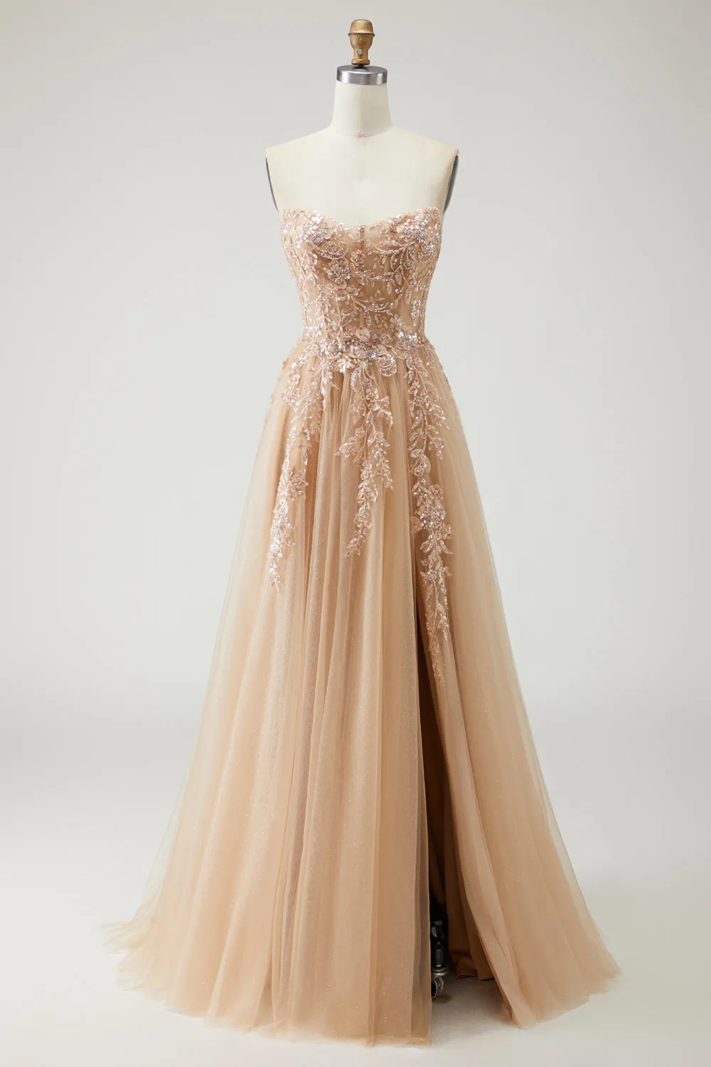 Champagne Strapless A-Line Convertible Appliqued Sequins Long Prom Dress with Slit sold by Wedtrend