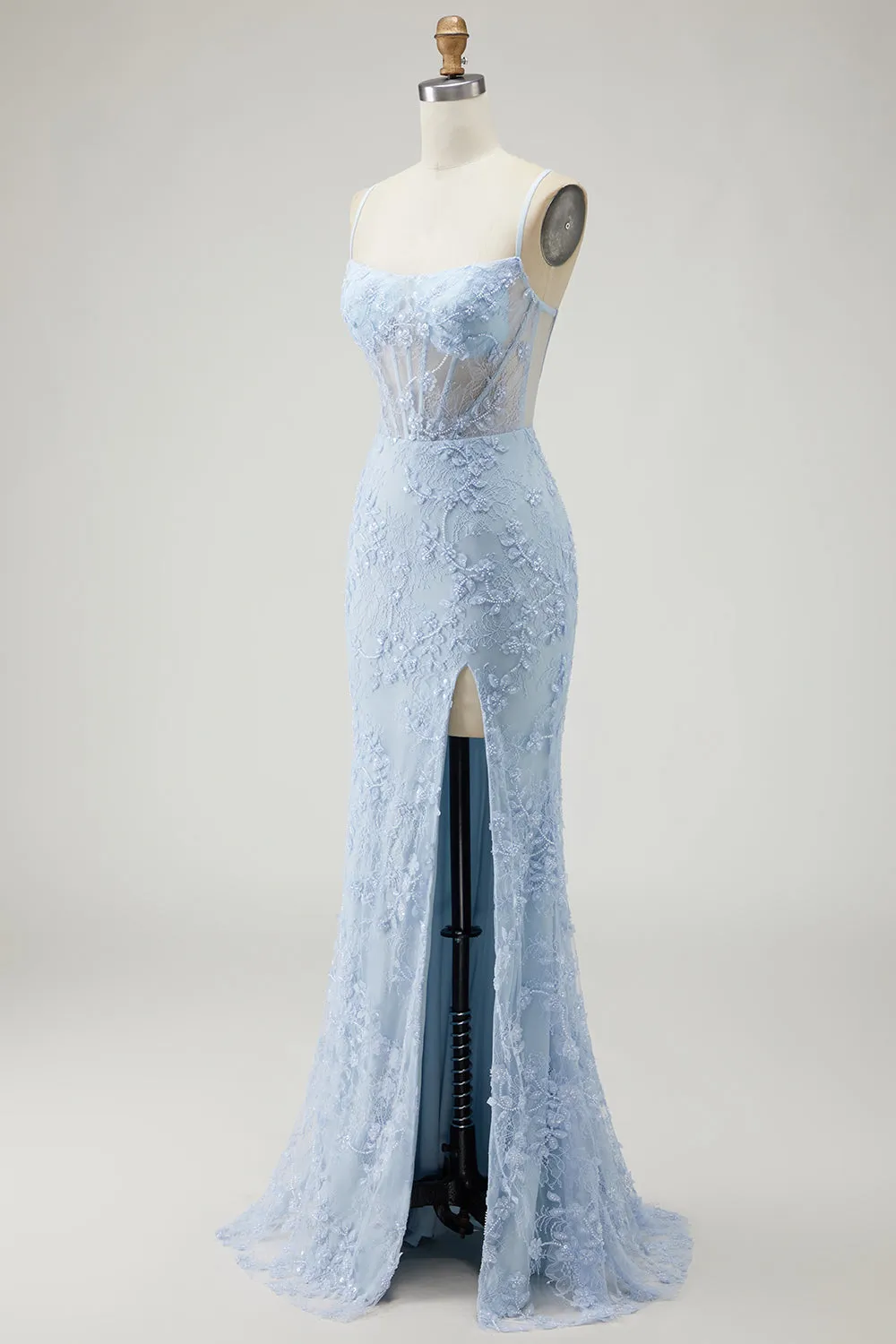 Blue Mermaid Sheer Corset Lace Appliqued Beaded Long Prom Dress with Slit sold by Wedtrend product image thumbnail 3