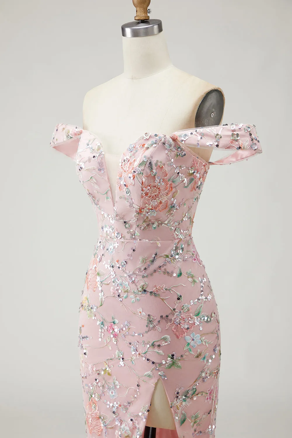 Off The Shoulder Mermaid Floral Sequins Blush Long Prom Dress with Slit sold by Wedtrend product image thumbnail 5