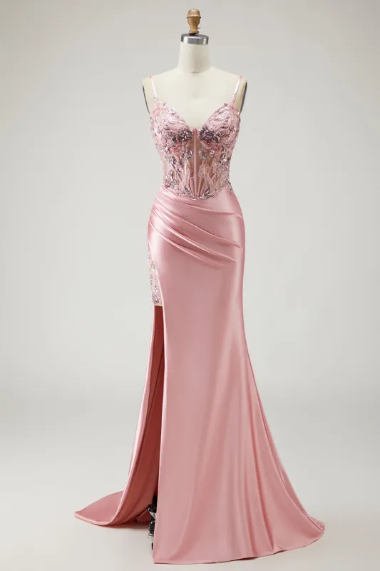 Blush Mermaid Corset Sequins Ruched Satin Long Prom Dress with Slit made by Wedtrend