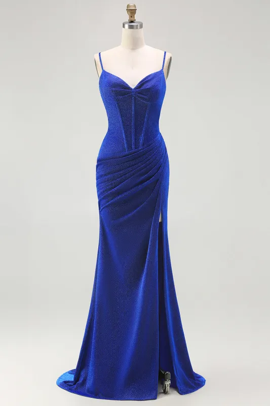Glitter Mermaid Corset Ruched Royal Blue Long Prom Dress with Slit made by Wedtrend