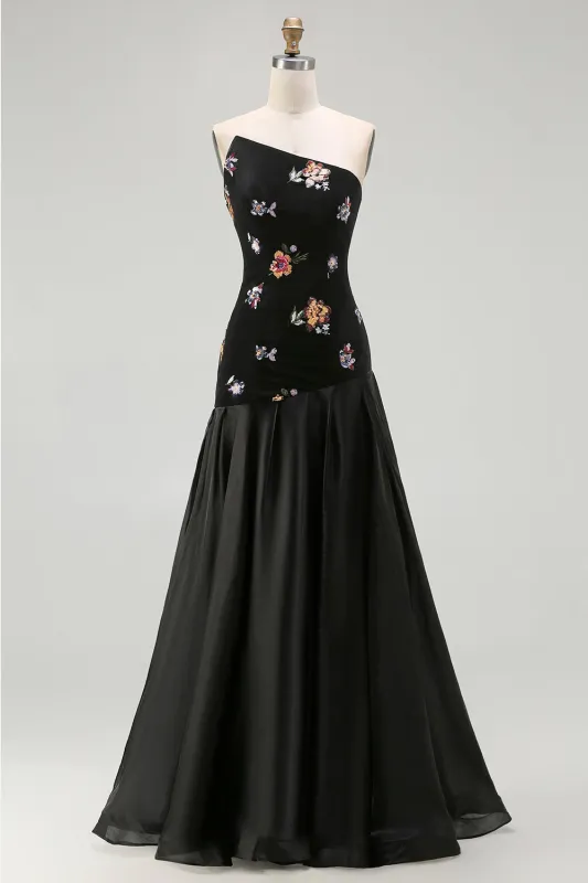 Strapless Black A-Line Floral Sequins Long Wedding Party Dress with Ruffles made by Wedtrend