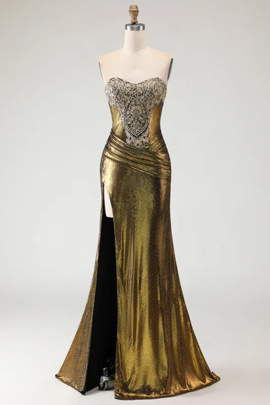 Metallic Bronze Mermaid Strapless Beaded Ruched Long Prom Dress with Slit made by Wedtrend
