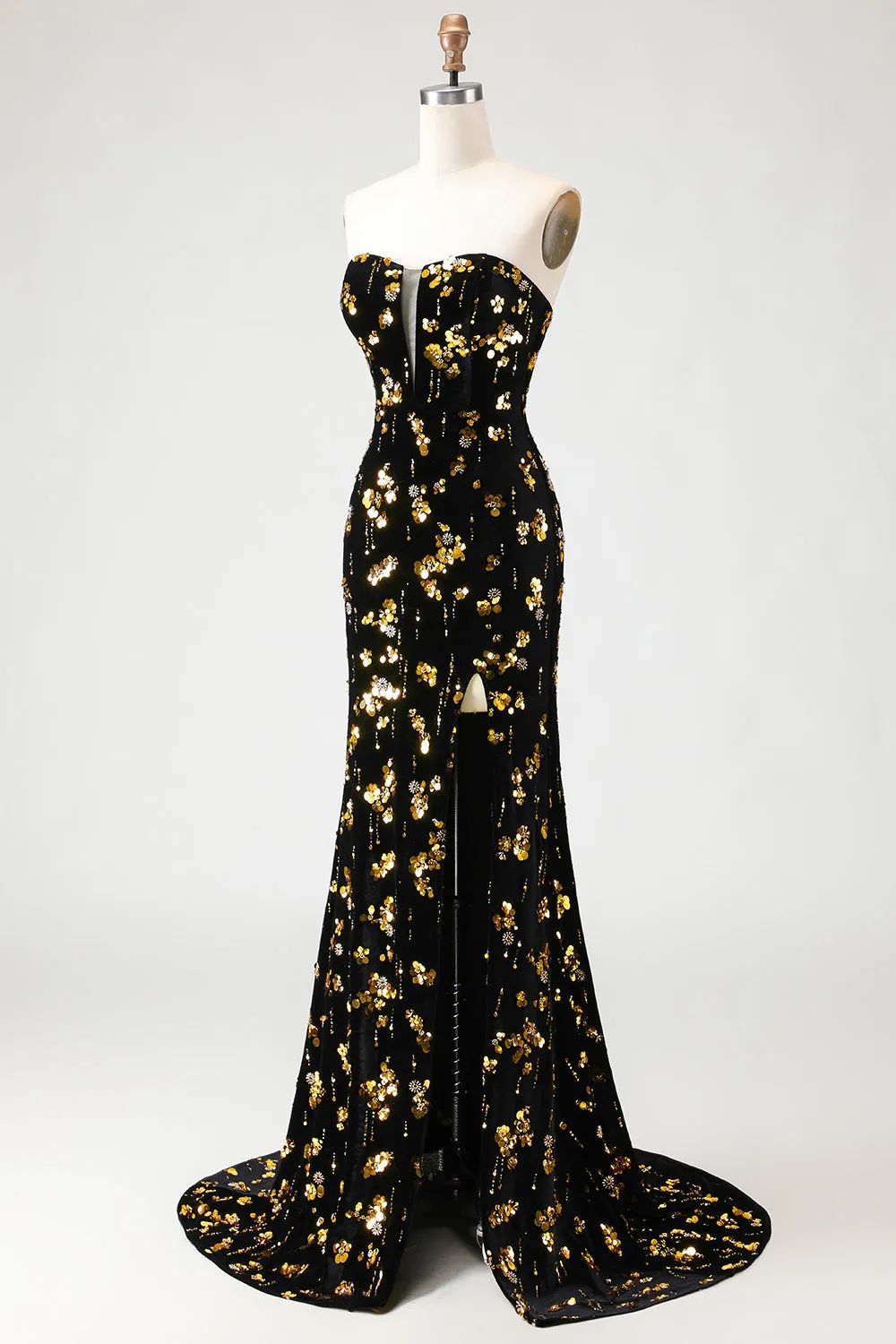 Sparkly Black Golden Mermaid Sequins Strapless Velvet Long Prom Dress with Slit sold by Wedtrend product image thumbnail 3