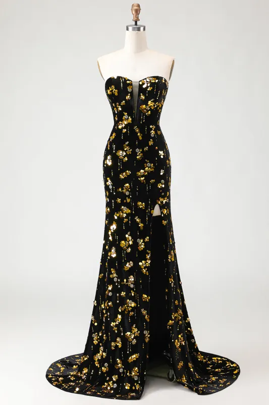 Sparkly Black Golden Mermaid Sequins Strapless Velvet Long Prom Dress with Slit made by Wedtrend