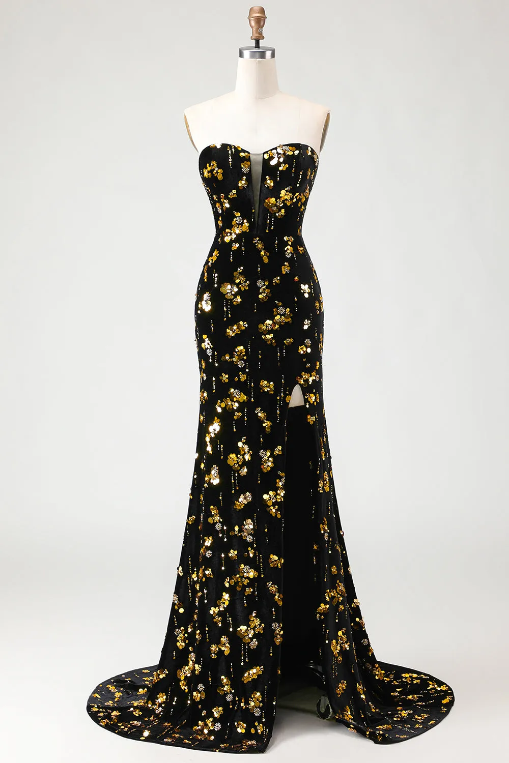Sparkly Black Golden Mermaid Sequins Strapless Velvet Long Prom Dress with Slit sold by Wedtrend