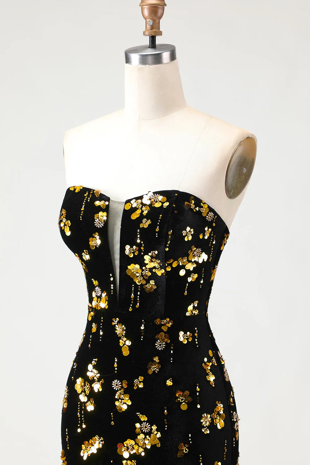 Sparkly Black Golden Mermaid Sequins Strapless Velvet Long Prom Dress with Slit sold by Wedtrend product image thumbnail 5