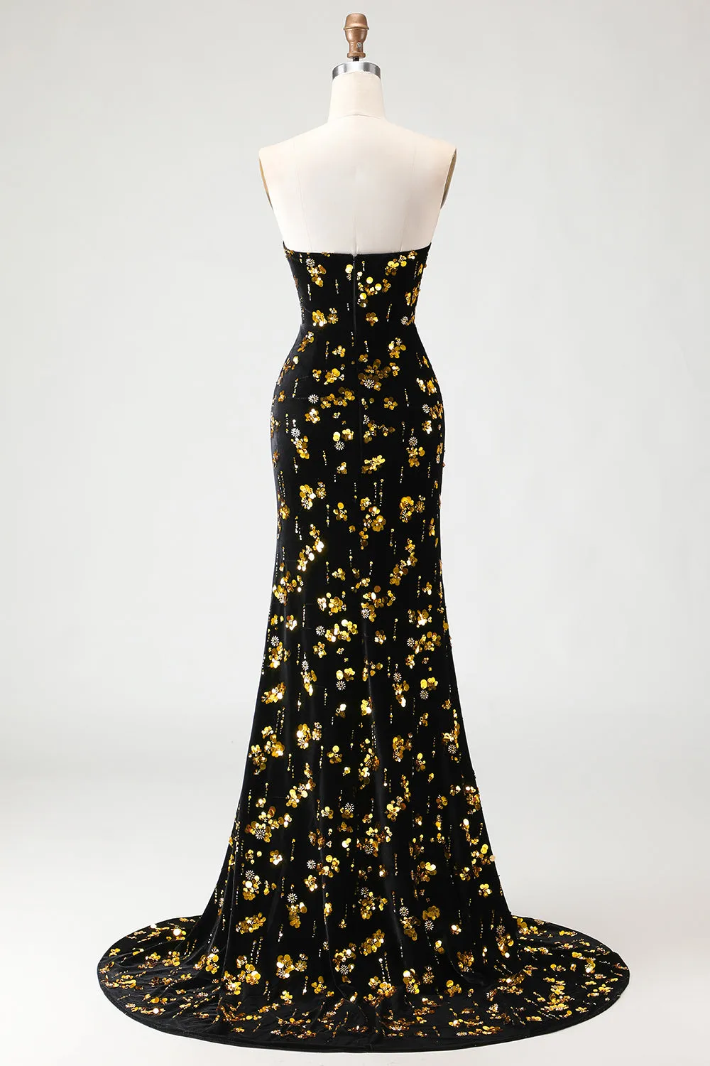 Sparkly Black Golden Mermaid Sequins Strapless Velvet Long Prom Dress with Slit sold by Wedtrend product image thumbnail 2