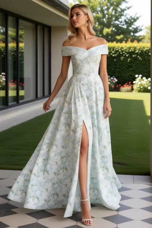 Off The Shoulder Blue White Flower A-Line Print Long Wedding Guest Dress with Slit made by Wedtrend