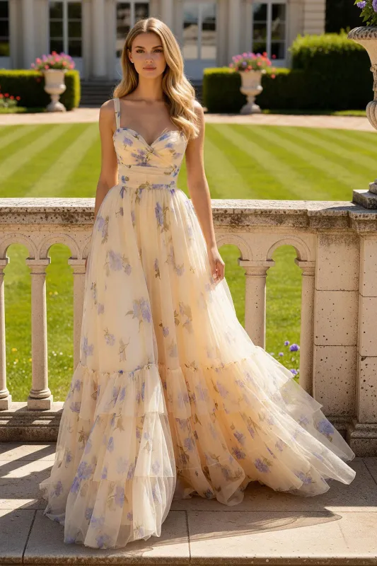 Yellow Flower A-Line Spaghetti Straps Ruffled Print Tulle Long Prom Dress made by Wedtrend