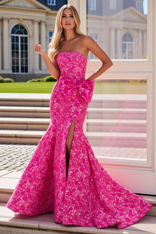 Fuchsia Flower Mermaid Strapless Jacquard Long Prom Dress with Bow sold by Wedtrend