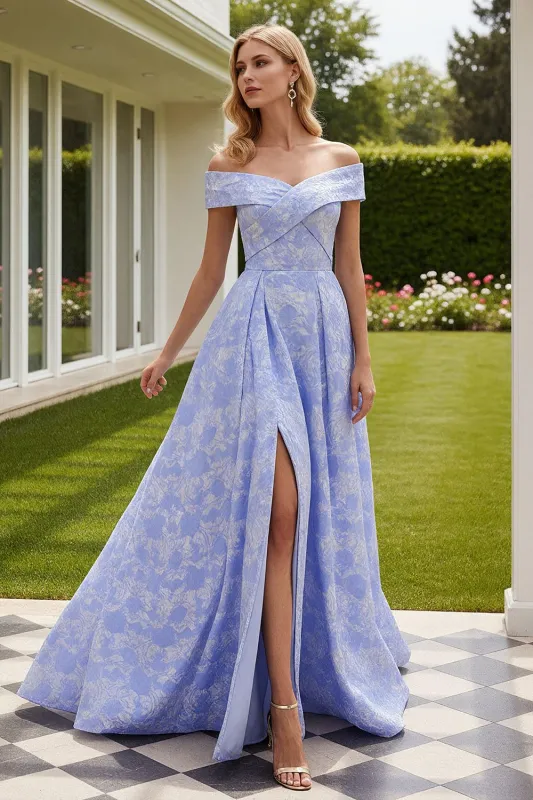 Light Blue Jacquard A Line Off The Shoulder Floral Long Prom Dress with Slit made by Wedtrend