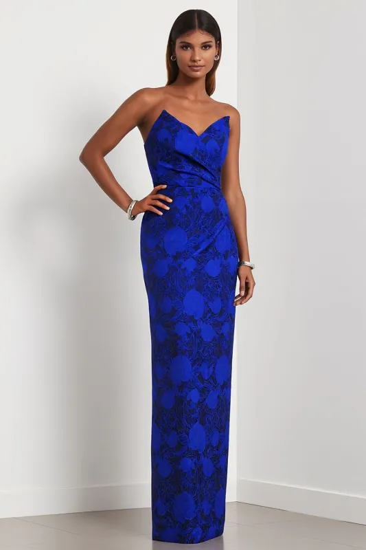 Royal Blue Strapless Sheath Floral Satin Long Jacquard Dress sold by Wedtrend