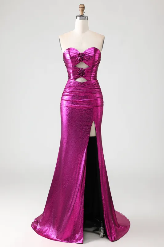 Metallic Fuchsia Strapless Mermaid Cut Out Lace Up Back Long Prom Dress with Slit made by Wedtrend