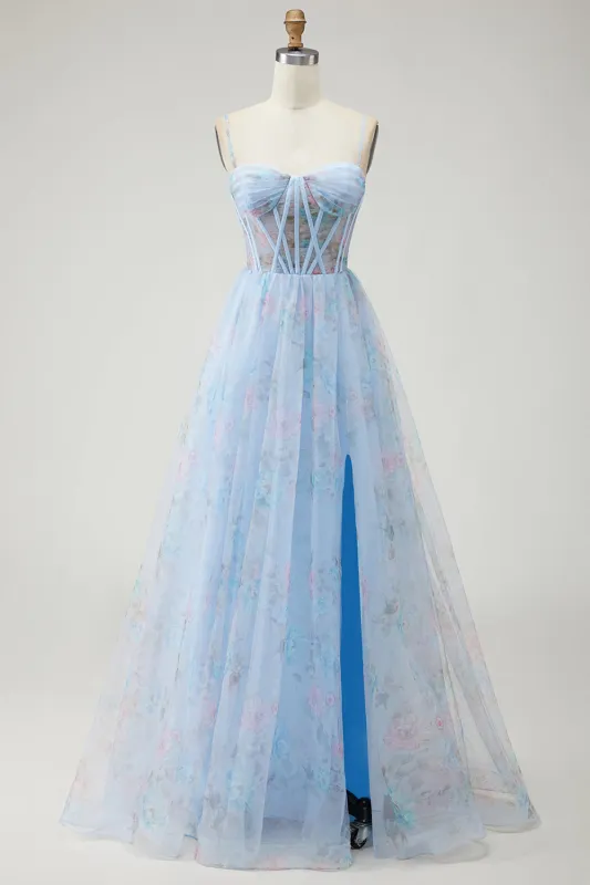 Blue Flower A-Line Corset Print Tulle Lace Up Back Long Prom Dress with Slit made by Wedtrend