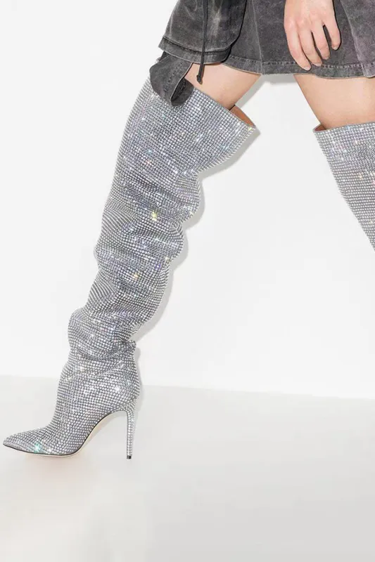 Sparkly Silver Knee High Stiletto High Heel Boots with Rhinestones sold by Wedtrend