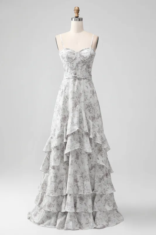 Brown Flower A-Line Spaghetti Straps Tiered Lace-up Back Long Bridesmaid Dress made by Wedtrend