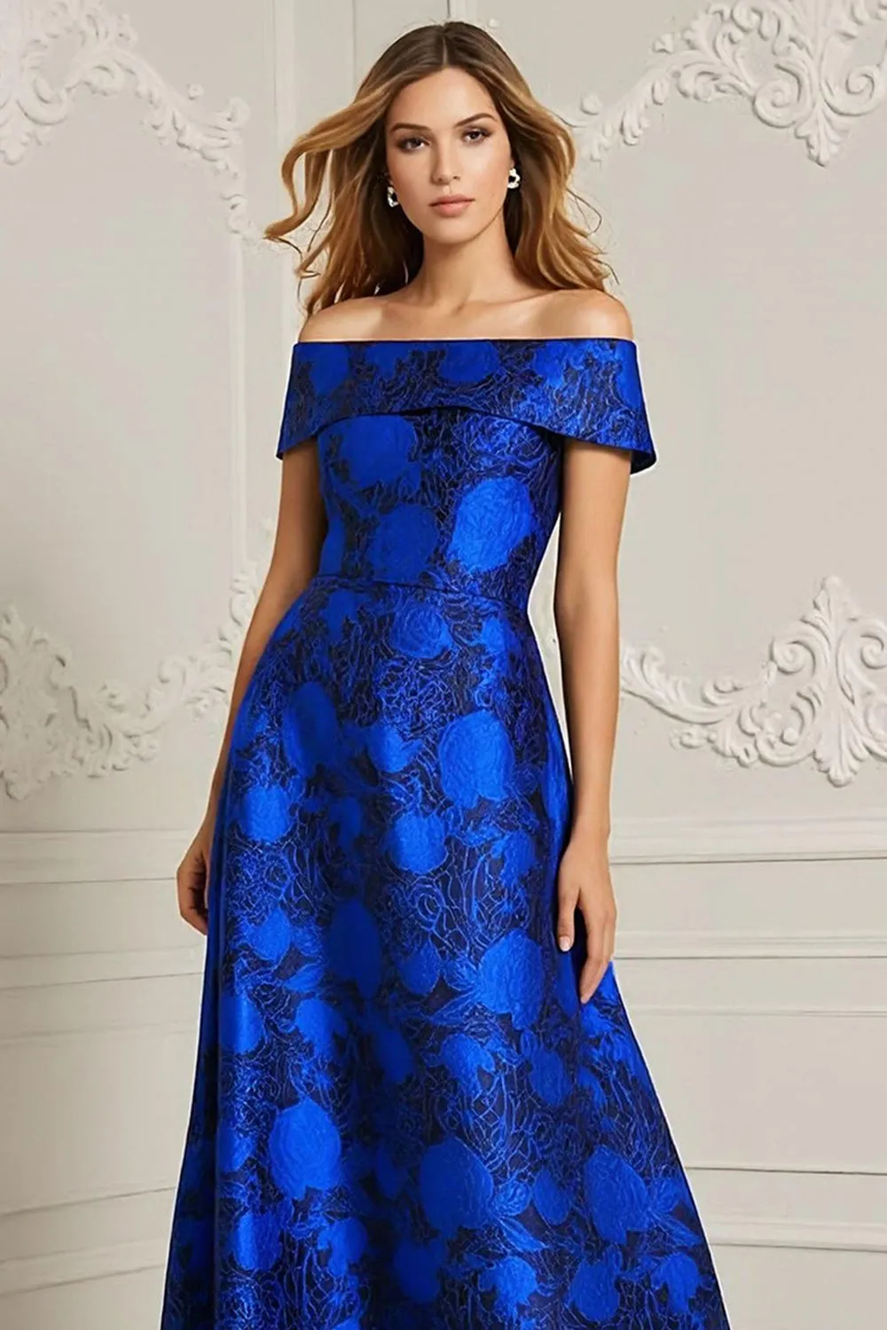Royal Blue Off The Shoulder Jacquard Floral A-Line Maxi Dress sold by Wedtrend product image thumbnail 2