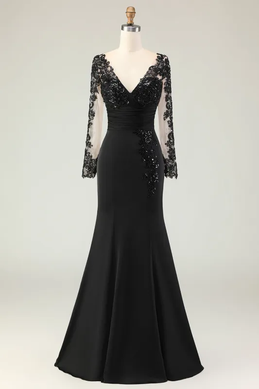 Black Mermaid Appliqued V-Nevk Long Mother Of The Bride Dress with Sequins sold by Wedtrend