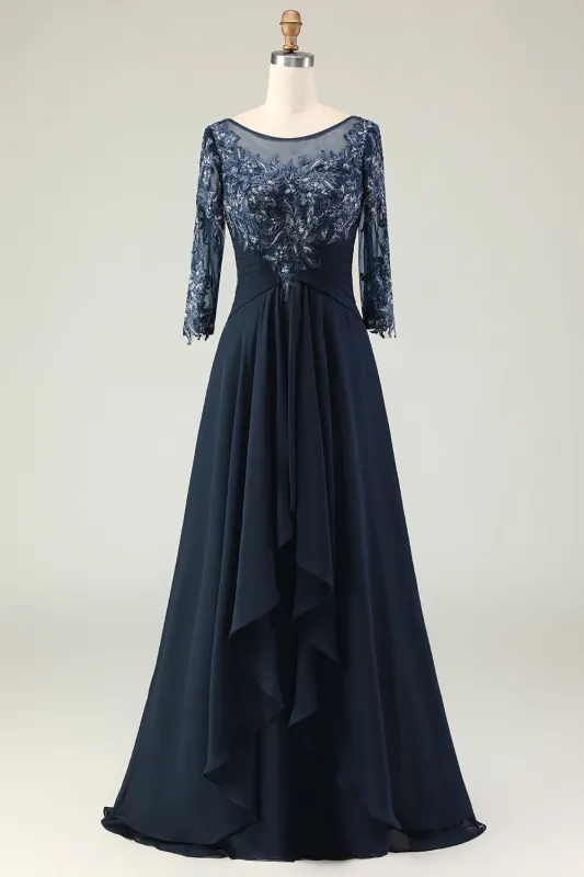 Navy Scoop Neck Appliqued A-Line Long Chiffon Dress with 3/4 Sleeves made by Wedtrend