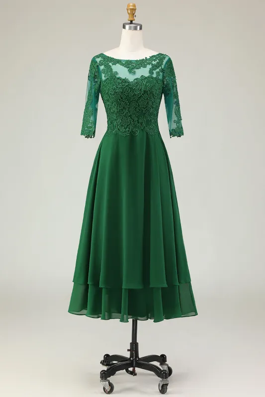 Green A-Line Tie Back Appliqued Midi Mother Of The Bride Dress with Half Sleeves made by Wedtrend