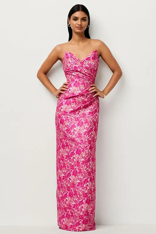 Fuchsia Floral Strapless Sheath Print Satin Long Jacquard Dress sold by Wedtrend