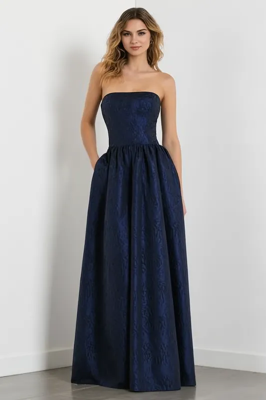 Navy A-Line Strapless Long Jacquard Dress with Pockets sold by Wedtrend