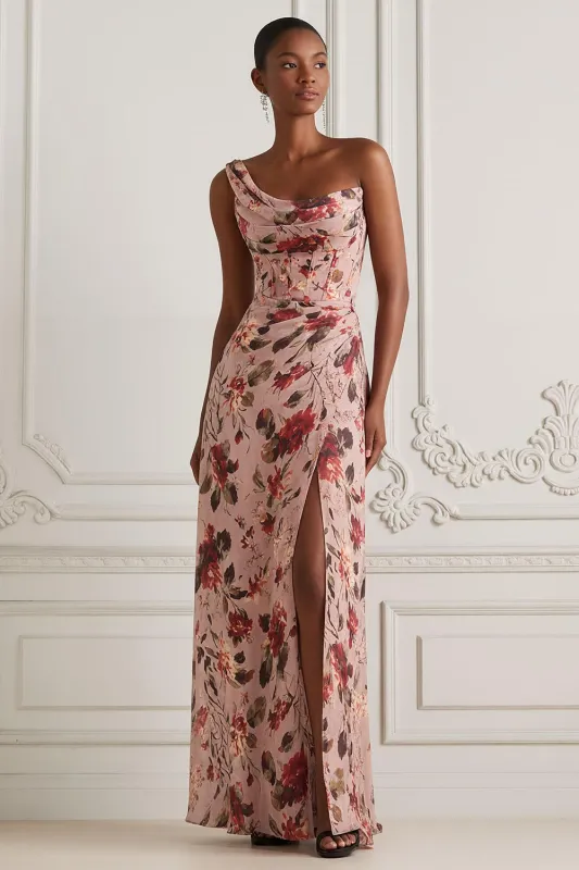 Dusty Rose Flower One Shoulder Sheath Corset Long Chiffon Dress with Slit sold by Wedtrend