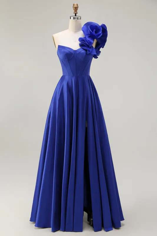 Royal Blue One Shoulder Corset A-Line Lace Up Back Long Prom Dress with Slit made by Wedtrend