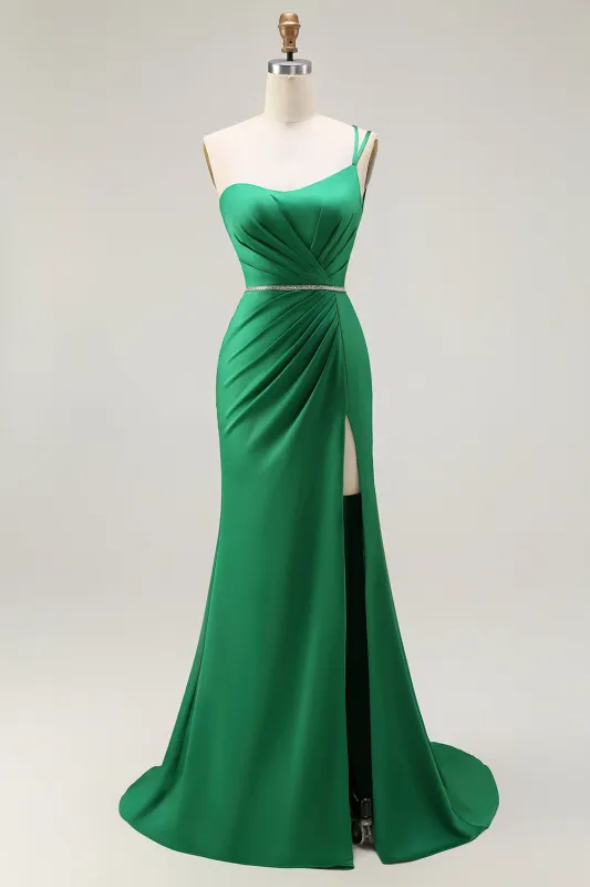 Dark Green Mermaid One Shoulder Beaded Lace Up Back Long Prom Dress with Slit sold by Wedtrend