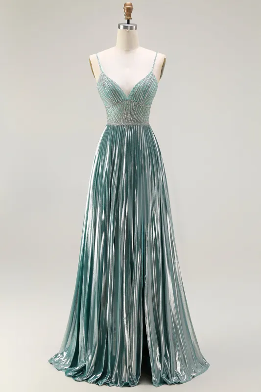 Metallic Grey Green A-Line Pleated Lace Up Back Long Prom Dress with Beading made by Wedtrend