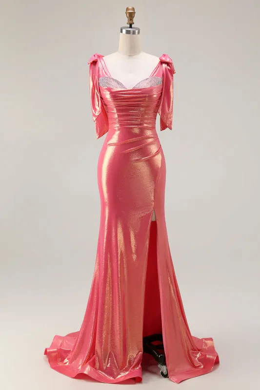 Metallic Coral Mermaid Beaded Bow Shoulder Strap Ruched Long Prom Dress with Slit made by Wedtrend
