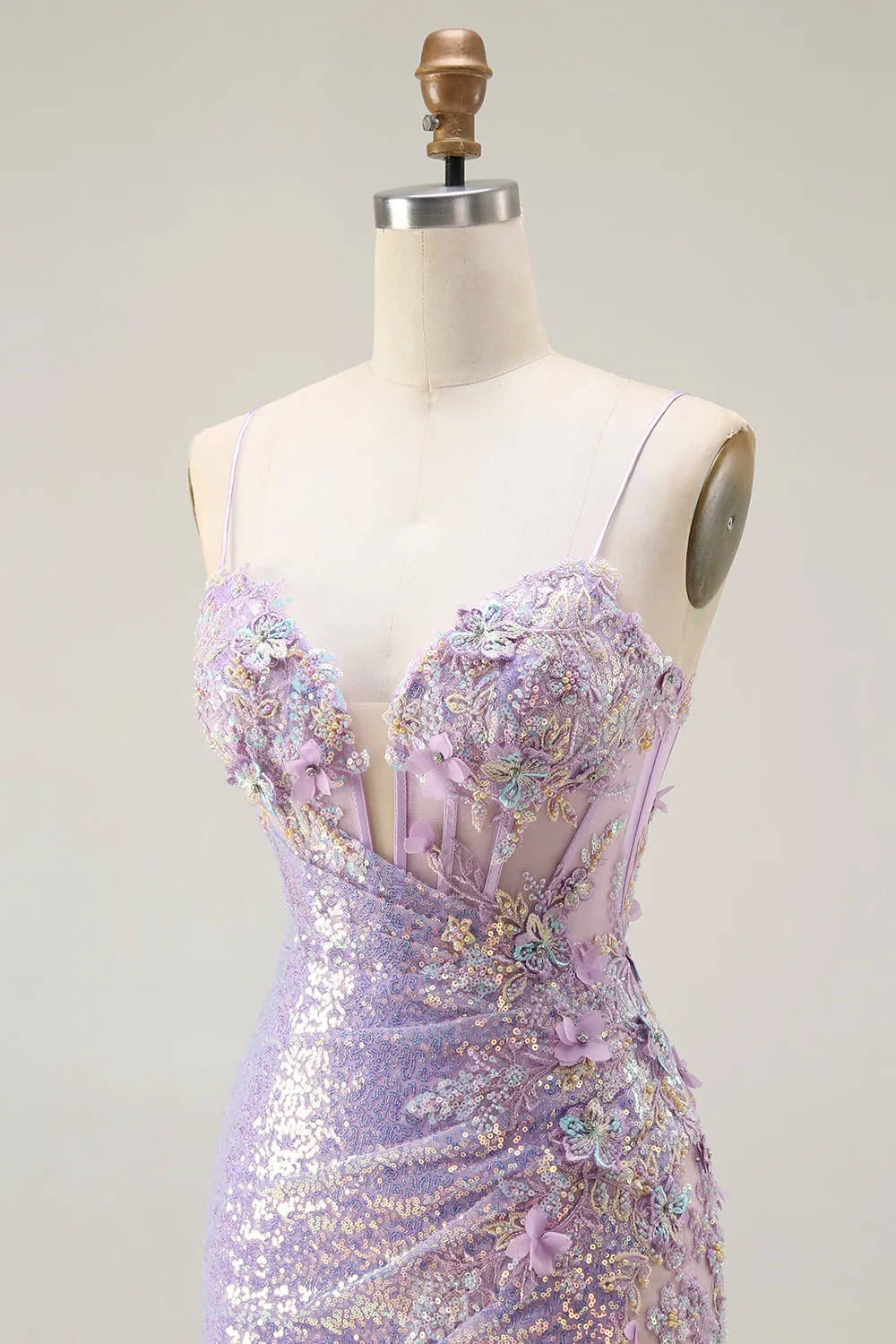 Sparkly Lilac Mermaid Corset Sequins Appliqued Long Prom Dress with Slit sold by Wedtrend product image thumbnail 5