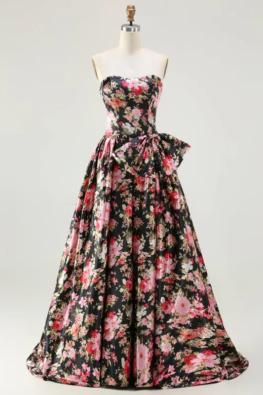 Princess Strapless Black Pink Flower Print Long Prom Dress with Large Bow made by Wedtrend