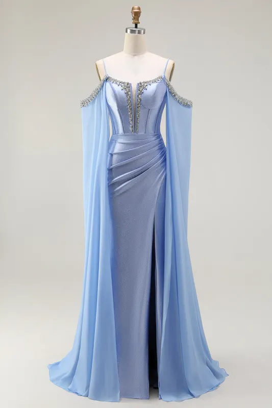 Blue Mermaid Cold Shoulder Corset Beaded Satin Convertible Long Prom Dress with Cape sold by Wedtrend