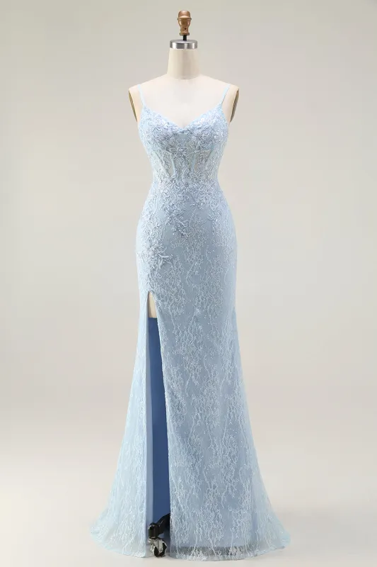 Blue Mermaid Spaghetti Straps Corset Lace Beaded Long Prom Dress with Slit made by Wedtrend