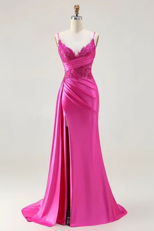 Fuchsia Mermaid Spaghetti Straps Beaded Streamer Ruched Long Prom Dress with Slit made by Wedtrend