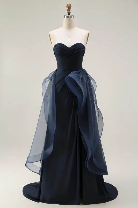Navy Sweetheart Ruffled A-Line Ruched Long Prom Dress with Slit made by Wedtrend