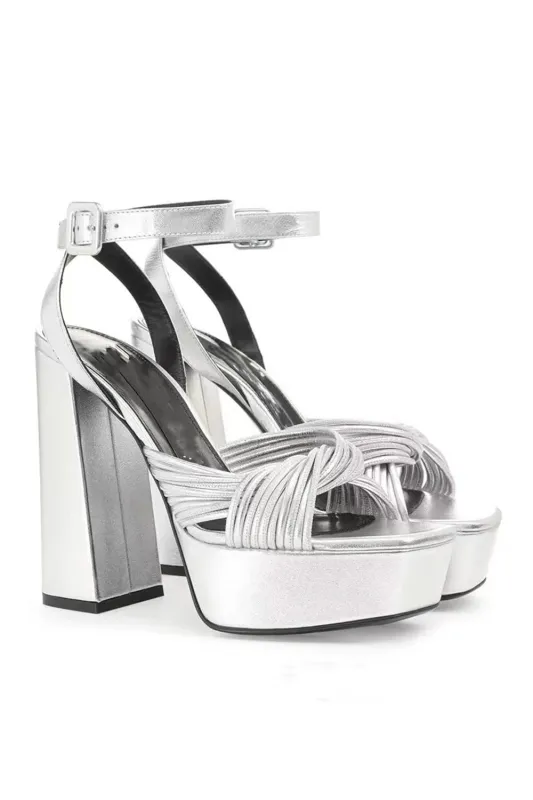 Metallic Silver Leather Block Heel Platform Sandals with Ankle Strap sold by Wedtrend