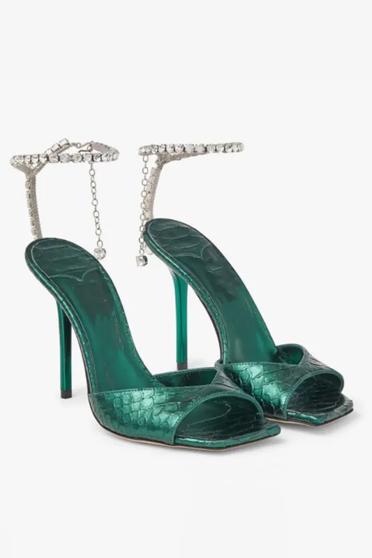 Emerald Croc-Embossed Stiletto Heels with Crystal Ankle Strap made by Wedtrend