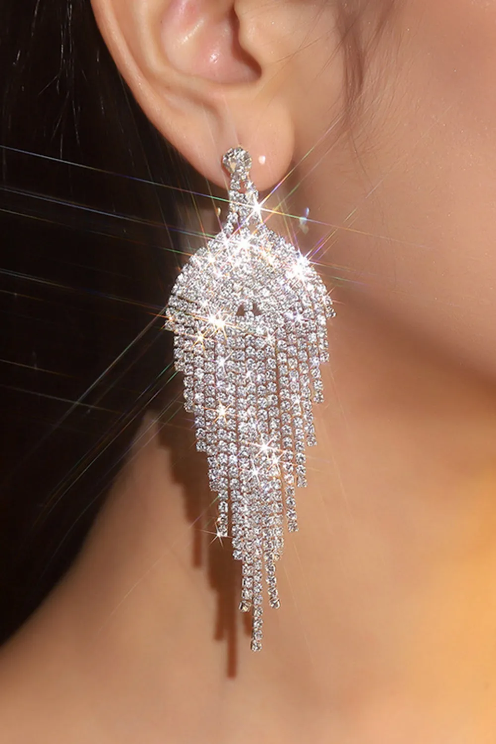 Silver Tassel Long Rhinestones Earrings sold by Wedtrend